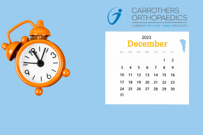 Carrothers Orthopaedics Milestones Achievements 2023 December 2023 Calendar with Clock and Carrothers Orthopaedics logo
