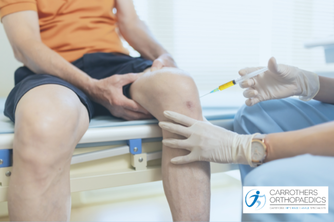 Arthritis non-operative treatments Man sitting with doctor injecting knee