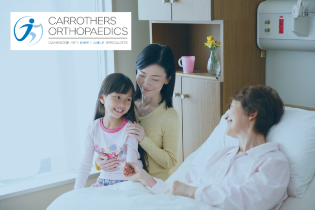 Private Orthopaedic Surgery Considerations Older woman in a private hospital room with visitors sat on her bed